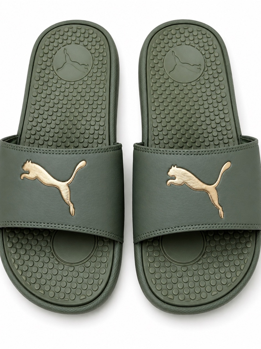 Puma Women’s Olive Green Gold Logo Slides Sandals Comfort Slip On Size 9 NWOT